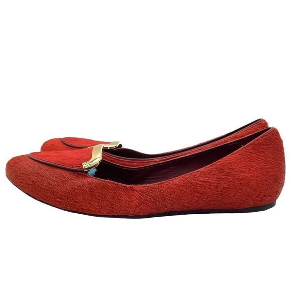 $295 TORY BURCH Jess Calf Hair Flats 7.5 Brick Red Smoking Slipper Ballet Loafer - Picture 4 of 11